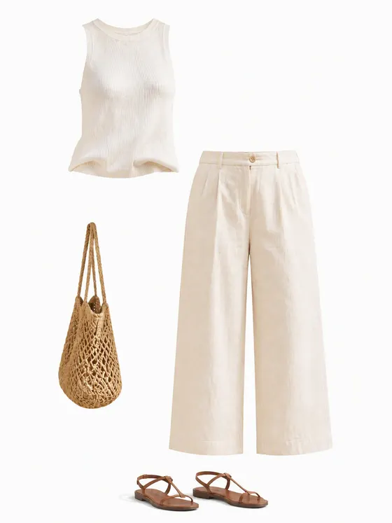 Flat product photograph of a cream knit tank, linen culottes, woven tote and sandals